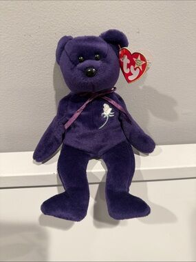Ty Beanie Baby Plush Bear Purple with Embroidered White Rose